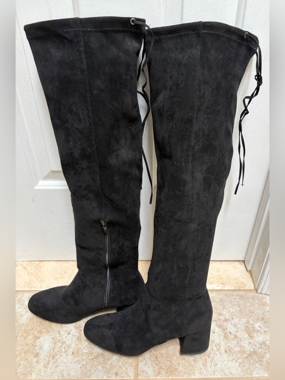 Sugar Ollie Black Over-the-Knee Micro-Suede Block Heel Boots